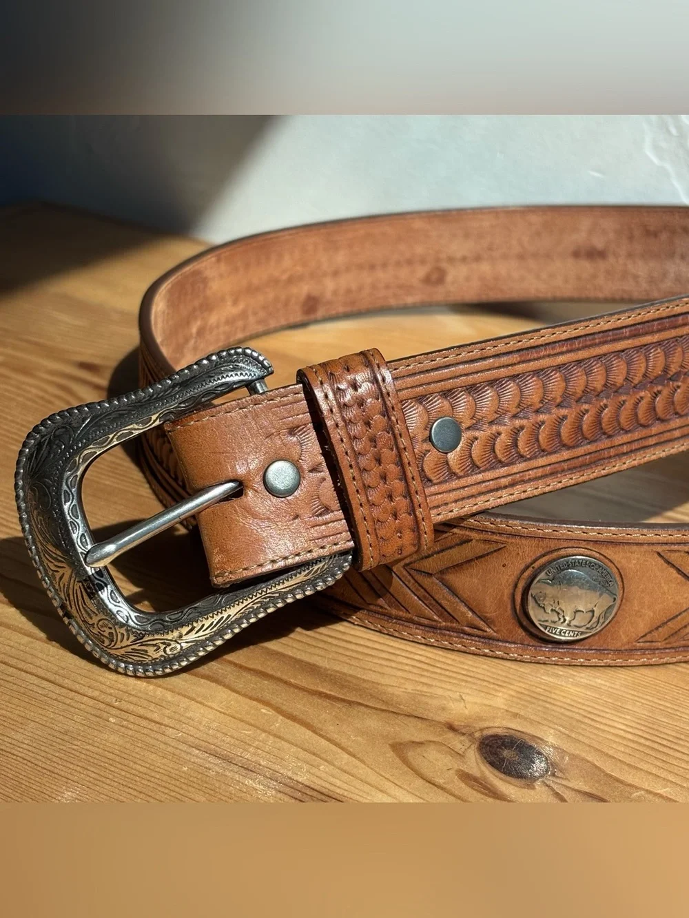 Vintage Leegin Leather Belt Mens Brown Tooled Buffalo Nickel Western Sz 40